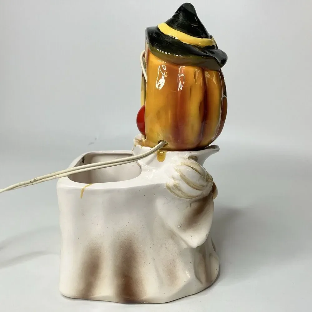 Vintage Relpo Halloween Ceramic Planter Jack O Lantern Scarecrow Lighted CRACKED